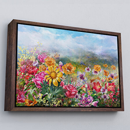 Beyaz Çerçeveli Çok Renkli Çiçekler Manzara Kanvas Duvar Tablosu