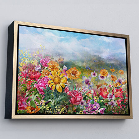 Kahverengi Çerçeveli Çok Renkli Çiçekler Manzara Kanvas Duvar Tablosu