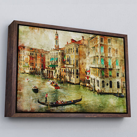 Kahverengi Çerçeveli Venedik Kanalları Yağlıboya Çalışması Dekoratif Kanvas Duvar Tablosu