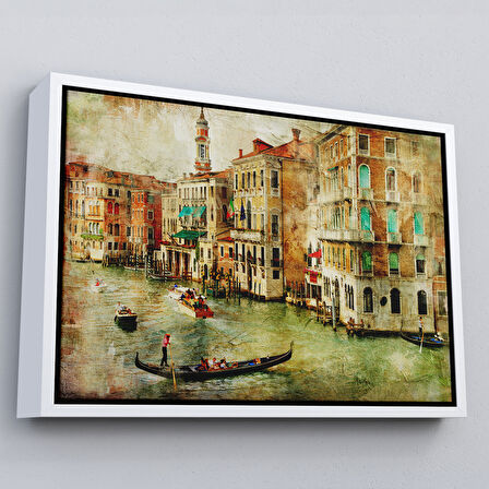 Kahverengi Çerçeveli Venedik Kanalları Yağlıboya Çalışması Dekoratif Kanvas Duvar Tablosu
