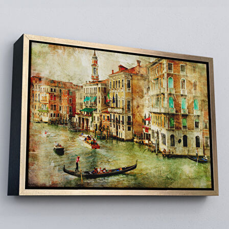 Siyah Çerçeveli Venedik Kanalları Yağlıboya Çalışması Dekoratif Kanvas Duvar Tablosu