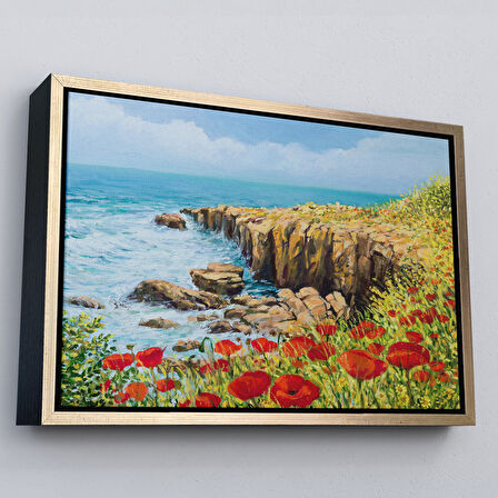 Altın Çerçeveli Deniz Manzaralı Dekoratif Kanvas Duvar Tablosu