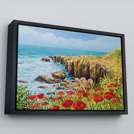 Altın Çerçeveli Deniz Manzaralı Dekoratif Kanvas Duvar Tablosu