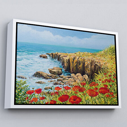 Altın Çerçeveli Deniz Manzaralı Dekoratif Kanvas Duvar Tablosu