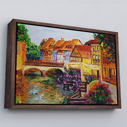 Kahverengi Çerçeveli Venedik İtalya Yağlıboya Görünüm Dekoratif Kanvas Duvar Tablosu