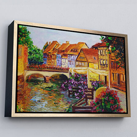 Kahverengi Çerçeveli Venedik İtalya Yağlıboya Görünüm Dekoratif Kanvas Duvar Tablosu