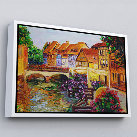 Kahverengi Çerçeveli Venedik İtalya Yağlıboya Görünüm Dekoratif Kanvas Duvar Tablosu