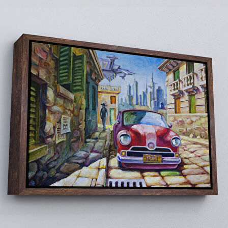 Beyaz Çerçeveli Eski Kırmızı Araba Yağlıboya Görünüm Dekoratif Duvar Tablo