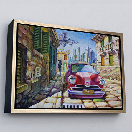 Beyaz Çerçeveli Eski Kırmızı Araba Yağlıboya Görünüm Dekoratif Duvar Tablo