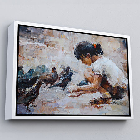 Siyah Çerçeveli Güvercinleri Besleyen Küçük Kız Dekoratif Duvar Tablosu