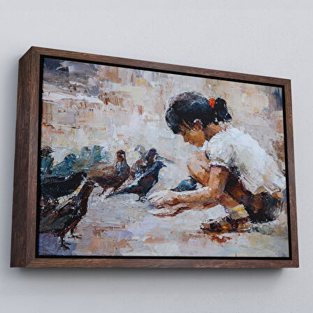 Siyah Çerçeveli Güvercinleri Besleyen Küçük Kız Dekoratif Duvar Tablosu