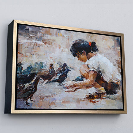 Siyah Çerçeveli Güvercinleri Besleyen Küçük Kız Dekoratif Duvar Tablosu