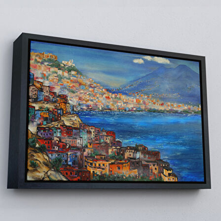 Siyah Çerçeveli Napoli Manzarası Yağlıboya Görünüm Dekoratif Kanvas Duvar Tablosu