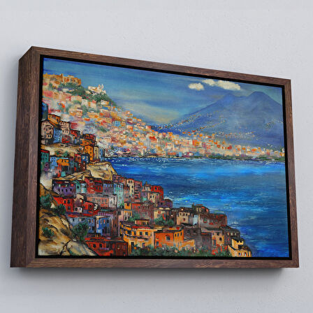 Siyah Çerçeveli Napoli Manzarası Yağlıboya Görünüm Dekoratif Kanvas Duvar Tablosu