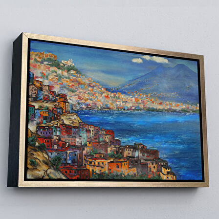 Siyah Çerçeveli Napoli Manzarası Yağlıboya Görünüm Dekoratif Kanvas Duvar Tablosu