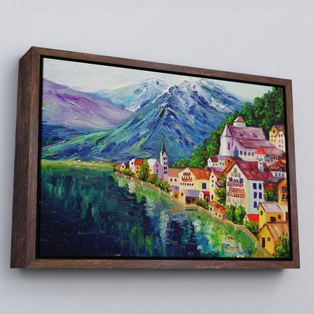 Kahverengi Çerçeveli Avusturya Hallstatt Yağlıboya Görünüm Dekoratif Kanvas Duvar Tablosu