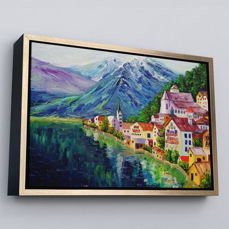 Kahverengi Çerçeveli Avusturya Hallstatt Yağlıboya Görünüm Dekoratif Kanvas Duvar Tablosu