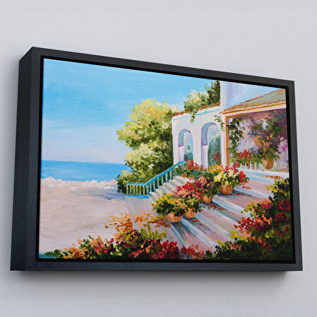 Kahverengi Çerçeveli Deniz Teras Manzaralı Dekoratif Kanvas Duvar Tablosu