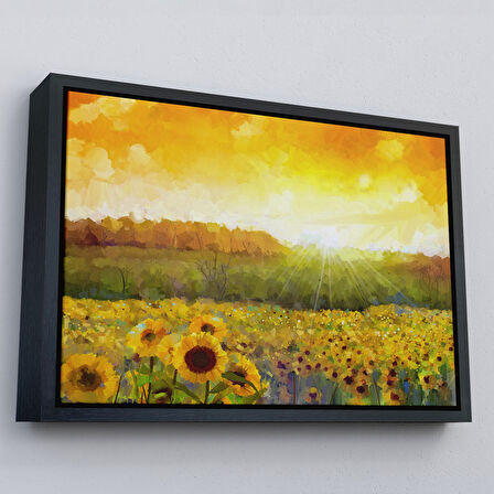 Altın Çerçeveli Ayçiçeği Tarlası Yağlıboya Görünüm Dekoratif Kanvas Tablo