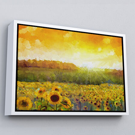 Altın Çerçeveli Ayçiçeği Tarlası Yağlıboya Görünüm Dekoratif Kanvas Tablo