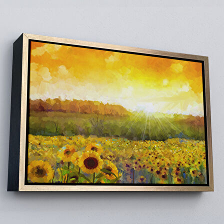 Kahverengi Çerçeveli Ayçiçeği Tarlası Yağlıboya Görünüm Dekoratif Kanvas Tablo
