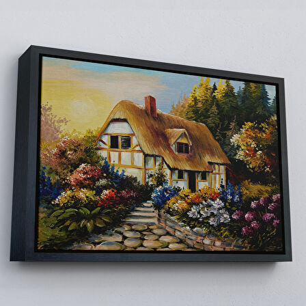Altın Çerçeveli Bahçeli Orman Evi Yağlıboya Dekoratif Kanvas Duvar Tablosu