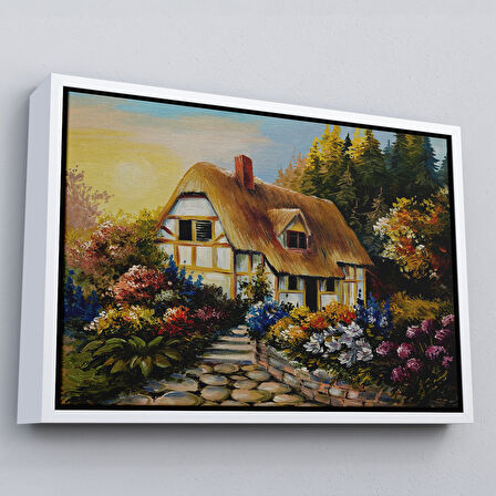 Altın Çerçeveli Bahçeli Orman Evi Yağlıboya Dekoratif Kanvas Duvar Tablosu