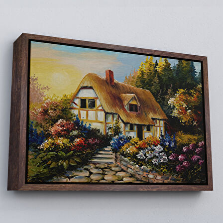 Altın Çerçeveli Bahçeli Orman Evi Yağlıboya Dekoratif Kanvas Duvar Tablosu