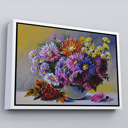 Beyaz Çerçeveli Renkli Çiçekler Yağlıboya Görünüm Dekoratif Kanvas Duvar Tablosu