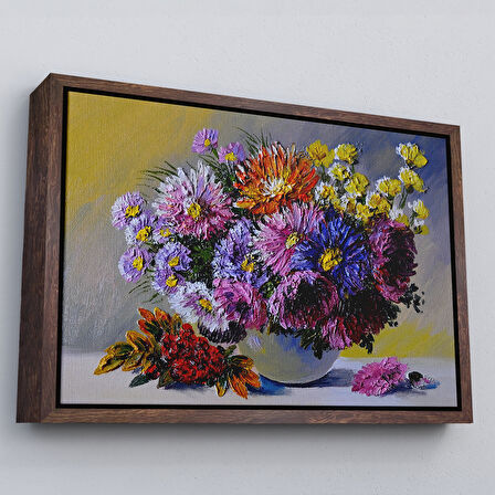 Beyaz Çerçeveli Renkli Çiçekler Yağlıboya Görünüm Dekoratif Kanvas Duvar Tablosu