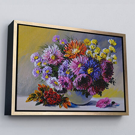 Beyaz Çerçeveli Renkli Çiçekler Yağlıboya Görünüm Dekoratif Kanvas Duvar Tablosu