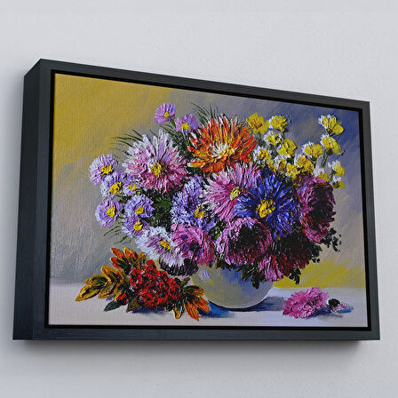 Beyaz Çerçeveli Renkli Çiçekler Yağlıboya Görünüm Dekoratif Kanvas Duvar Tablosu