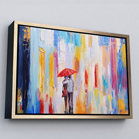 Kahverengi Çerçeveli Kırmızı Şemsiyeli Sevgililer Yağlıboya Görünüm Kanvas Duvar Tablosu