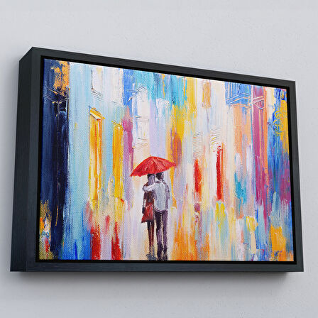 Kahverengi Çerçeveli Kırmızı Şemsiyeli Sevgililer Yağlıboya Görünüm Kanvas Duvar Tablosu