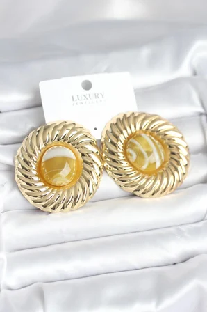Pirinç Gold Renk Kehribar Boncuklu Vintage Kadın Küpe 5886