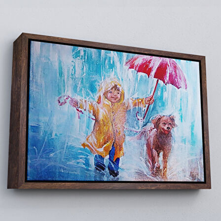 Beyaz Çerçeveli Yağmurda Köpeğini Gezdiren Cocuk Yağlıboya Görünümlü Kanvas Tablo