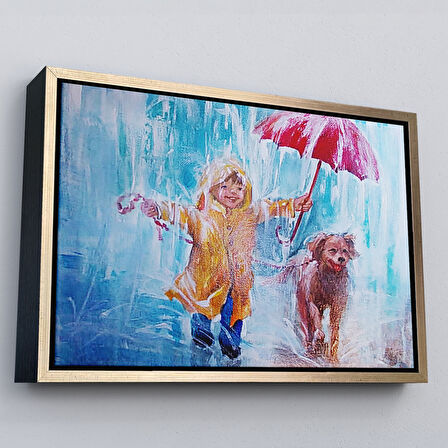 Beyaz Çerçeveli Yağmurda Köpeğini Gezdiren Cocuk Yağlıboya Görünümlü Kanvas Tablo