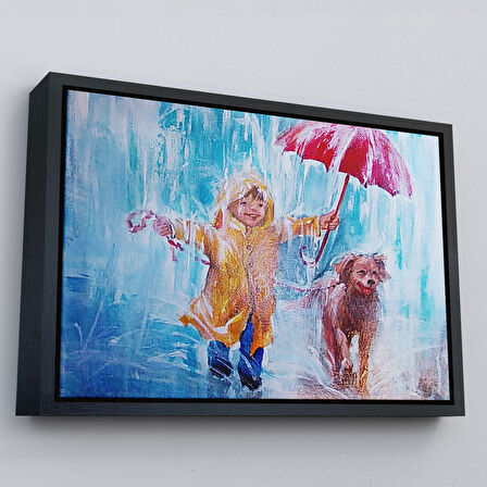 Beyaz Çerçeveli Yağmurda Köpeğini Gezdiren Cocuk Yağlıboya Görünümlü Kanvas Tablo