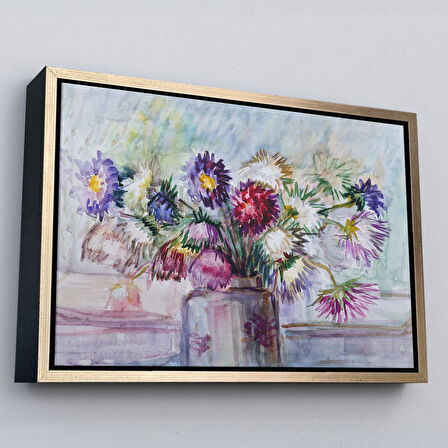 Altın Çerçeveli Aster Çiçeği Yağlı Boya Görünümlü Dekoratif Duvar Tablosu