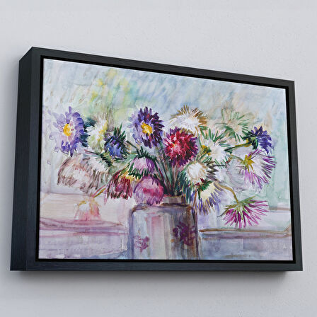 Altın Çerçeveli Aster Çiçeği Yağlı Boya Görünümlü Dekoratif Duvar Tablosu