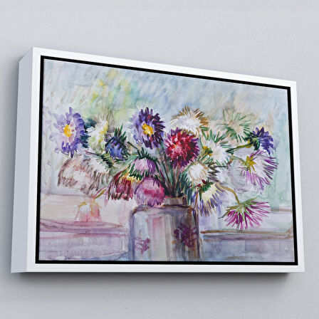 Altın Çerçeveli Aster Çiçeği Yağlı Boya Görünümlü Dekoratif Duvar Tablosu