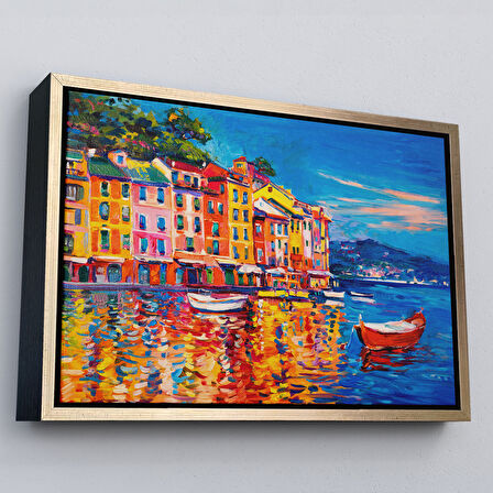Altın Çerçeveli Deniz de Tekneler Yağlıboya Görünüm Dekoratif Kanvas Duvar Tablosu