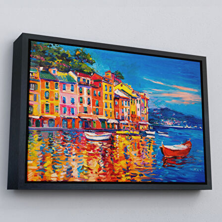 Altın Çerçeveli Deniz de Tekneler Yağlıboya Görünüm Dekoratif Kanvas Duvar Tablosu