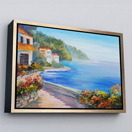 Kahverengi Çerçeveli Deniz Manzarası Yağlıboya Görünüm Dekoratif Kanvas Duvar Tablosu