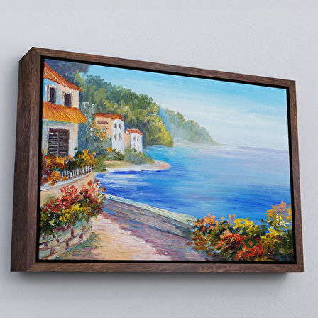 Siyah Çerçeveli Deniz Manzarası Yağlıboya Görünüm Dekoratif Kanvas Duvar Tablosu