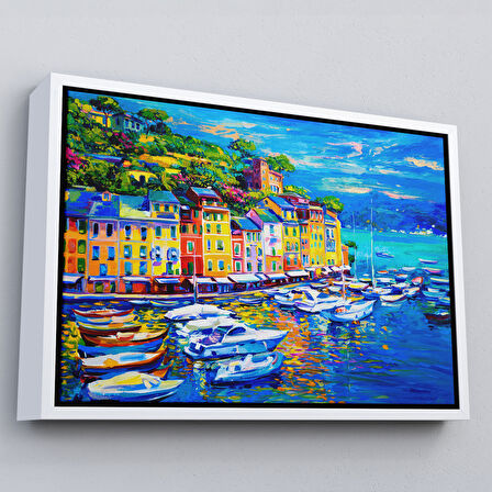 Siyah Çerçeveli Liman Tekneleri Yağlıboya Görünüm Dekoratif Kanvas Duvar Tablosu