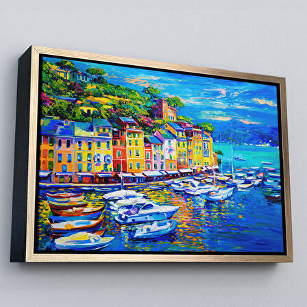 Siyah Çerçeveli Liman Tekneleri Yağlıboya Görünüm Dekoratif Kanvas Duvar Tablosu