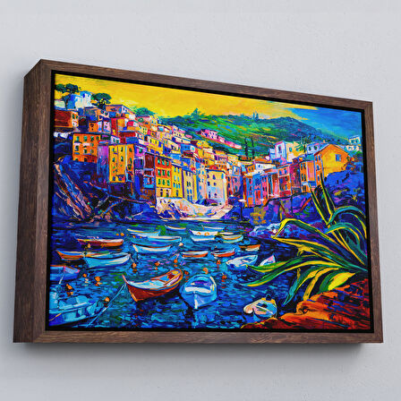Kahverengi Çerçeveli Sahilde TeknelerYağlıboya Görünüm Dekoratif Kanvas Duvar Tablosu