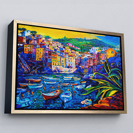 Kahverengi Çerçeveli Sahilde TeknelerYağlıboya Görünüm Dekoratif Kanvas Duvar Tablosu