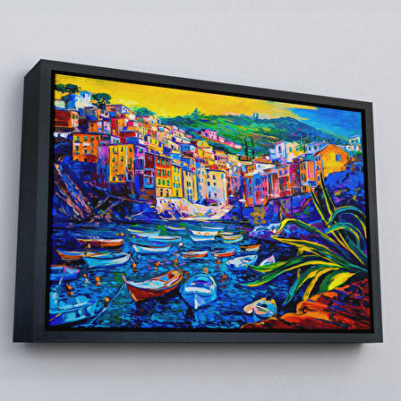 Kahverengi Çerçeveli Sahilde TeknelerYağlıboya Görünüm Dekoratif Kanvas Duvar Tablosu